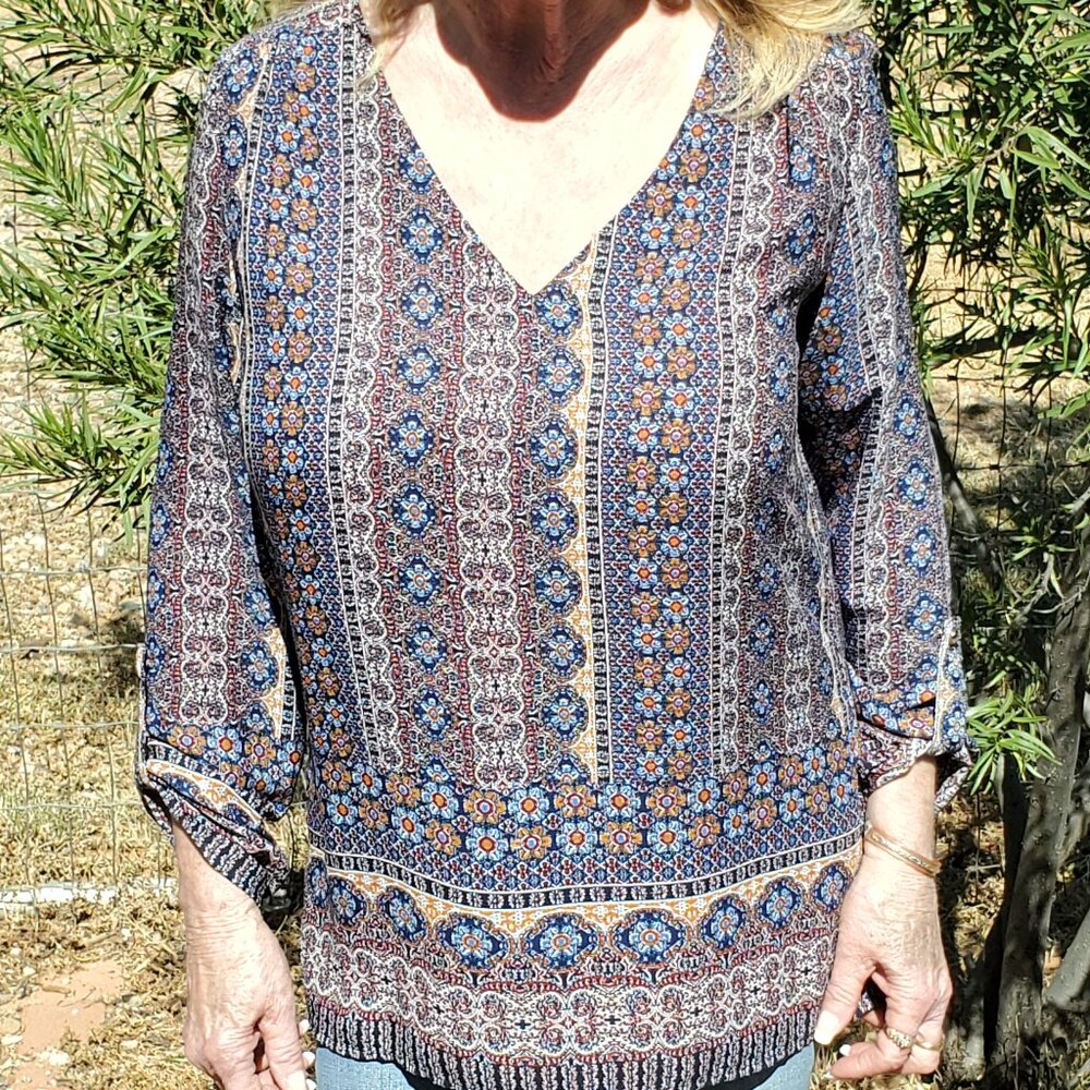 A Sweet Rain, gently used, Brightly Colored Print, Peasant Blouse, Size S